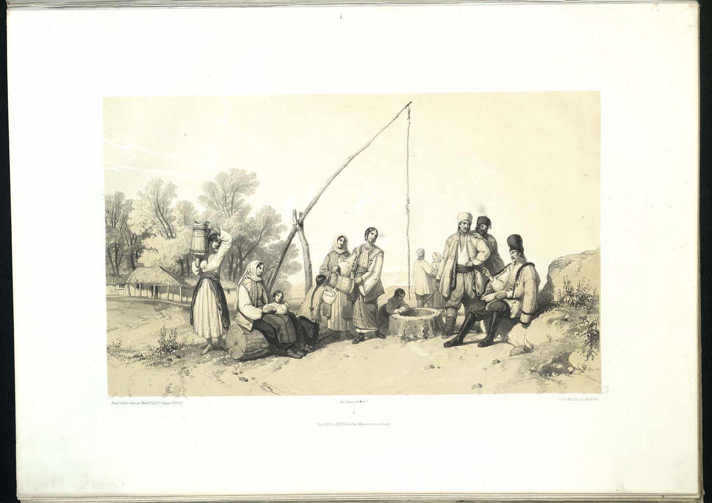 Litografie din 1843: oameni adunați în jurul unei fântâni cu cumpănă, la marginea satului