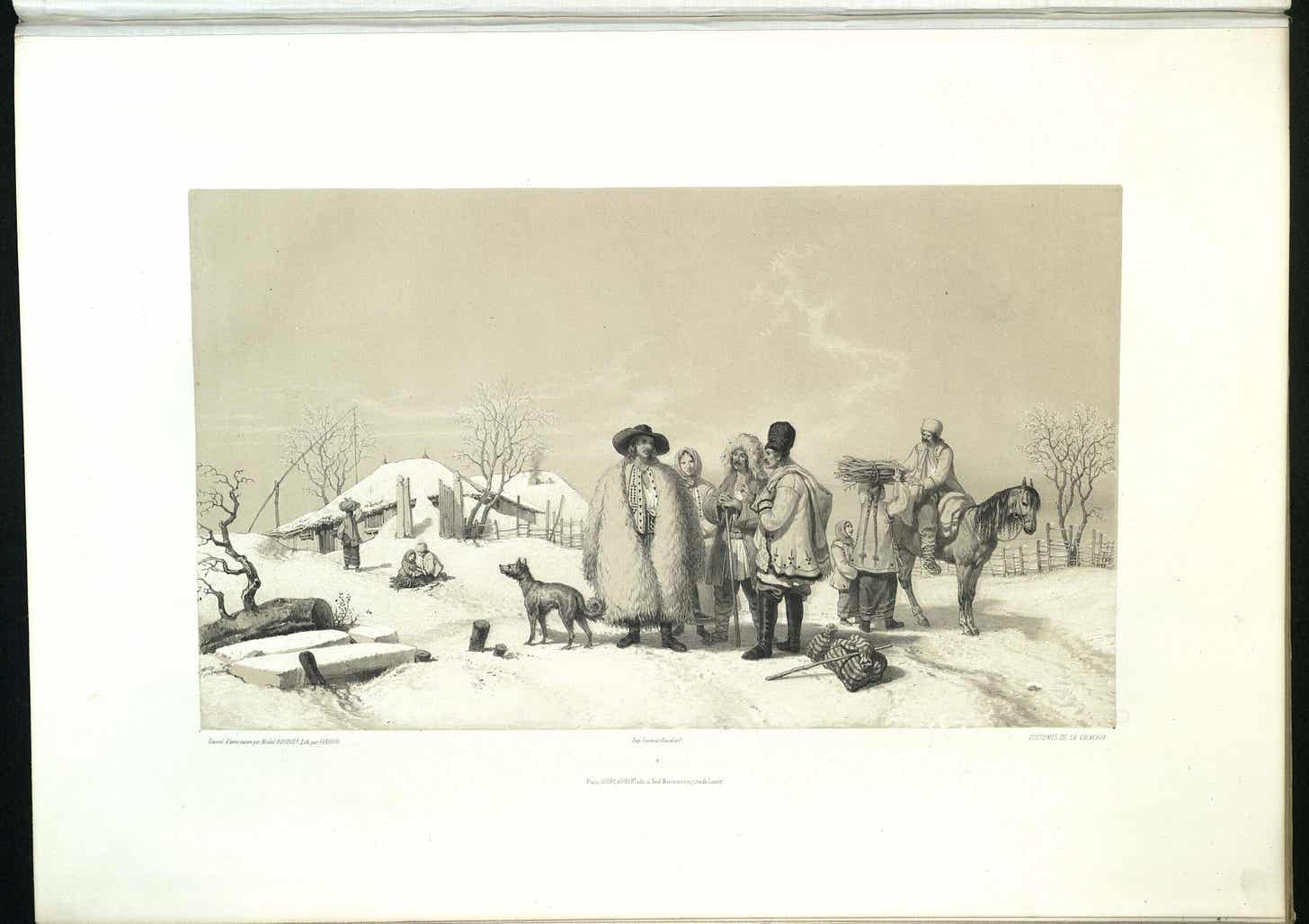 Litografie din 1843: grup de oameni în haine groase, cu un cal și câini, într-un peisaj de iarnă